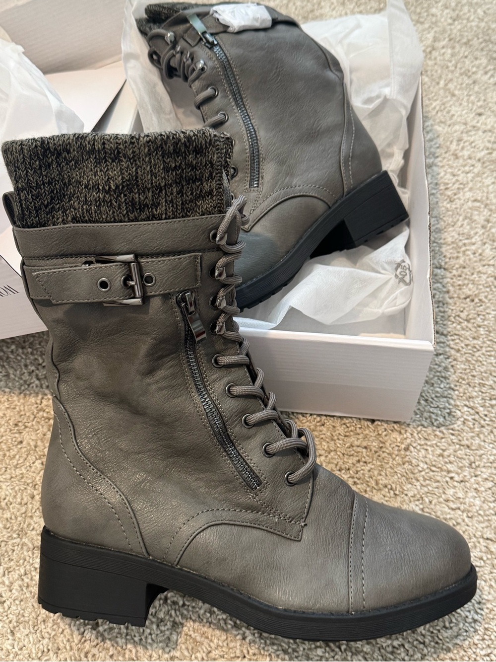 Dream Pairs Gray Lace-Up Combat Boots with Knit Cuff